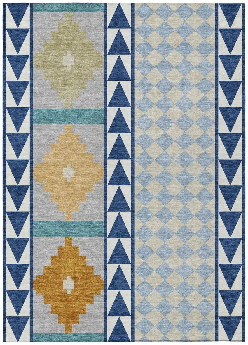 Navy Blue And Sky Blue Southwestern Washable Indoor Outdoor Area Rug Photo 2