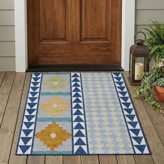 Navy Blue And Sky Blue Southwestern Washable Indoor Outdoor Area Rug Photo 1