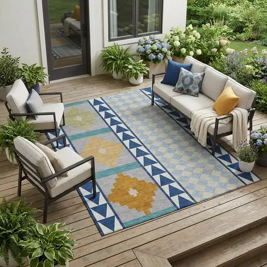Navy Blue And Sky Blue Southwestern Washable Indoor Outdoor Area Rug Photo 1
