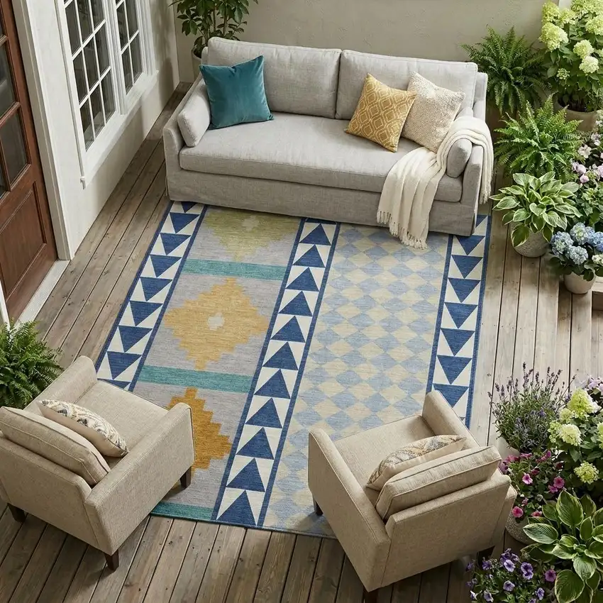 Navy Blue And Sky Blue Southwestern Washable Indoor Outdoor Area Rug Photo 1