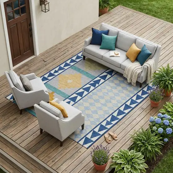Navy Blue And Sky Blue Southwestern Washable Indoor Outdoor Area Rug Photo 1