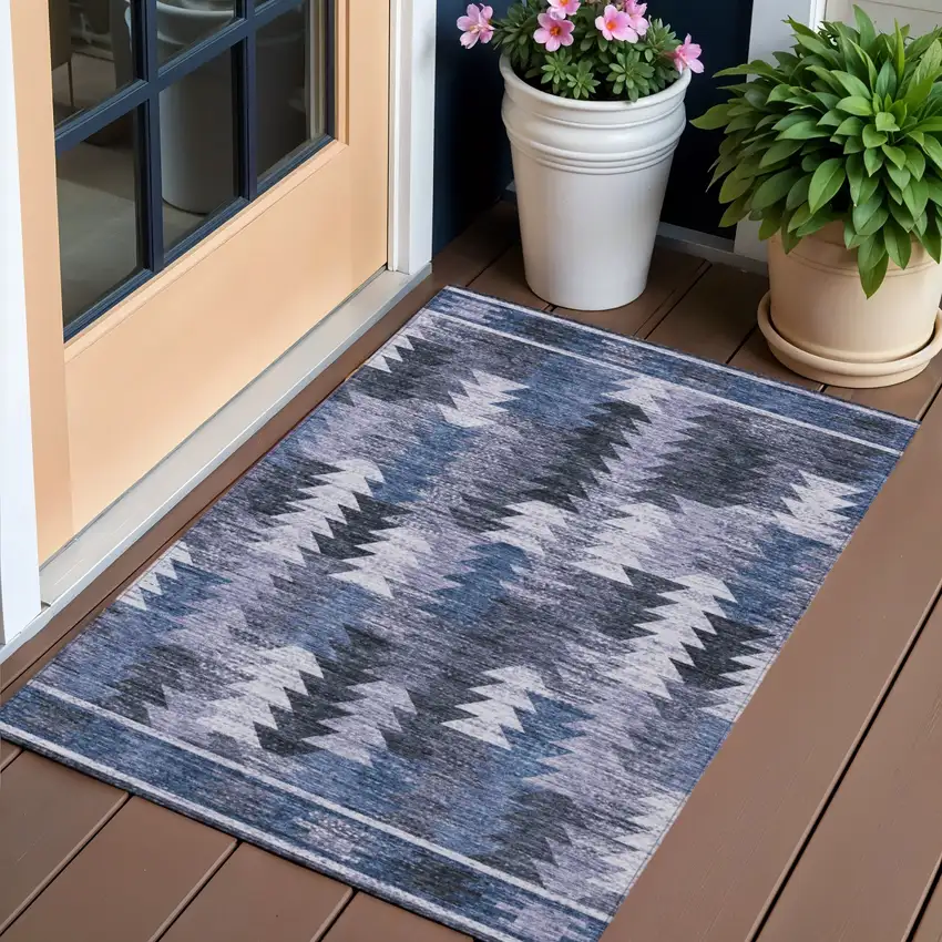 Navy Blue And Sky Blue Southwestern Washable Indoor Outdoor Area Rug Photo 1