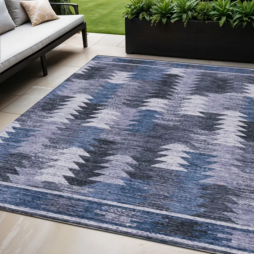 Navy Blue And Sky Blue Southwestern Washable Indoor Outdoor Area Rug Photo 1