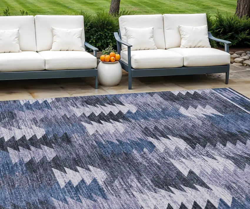 Navy Blue And Sky Blue Southwestern Washable Indoor Outdoor Area Rug Photo 1