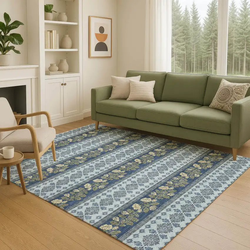 Navy Blue And Sky Blue Striped Washable Indoor Outdoor Area Rug Photo 5