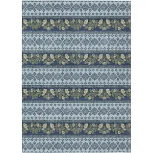 Photo of Navy Blue And Sky Blue Striped Washable Indoor Outdoor Area Rug
