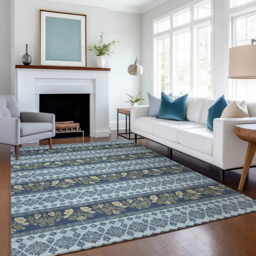 Navy Blue And Sky Blue Striped Washable Indoor Outdoor Area Rug Photo 6