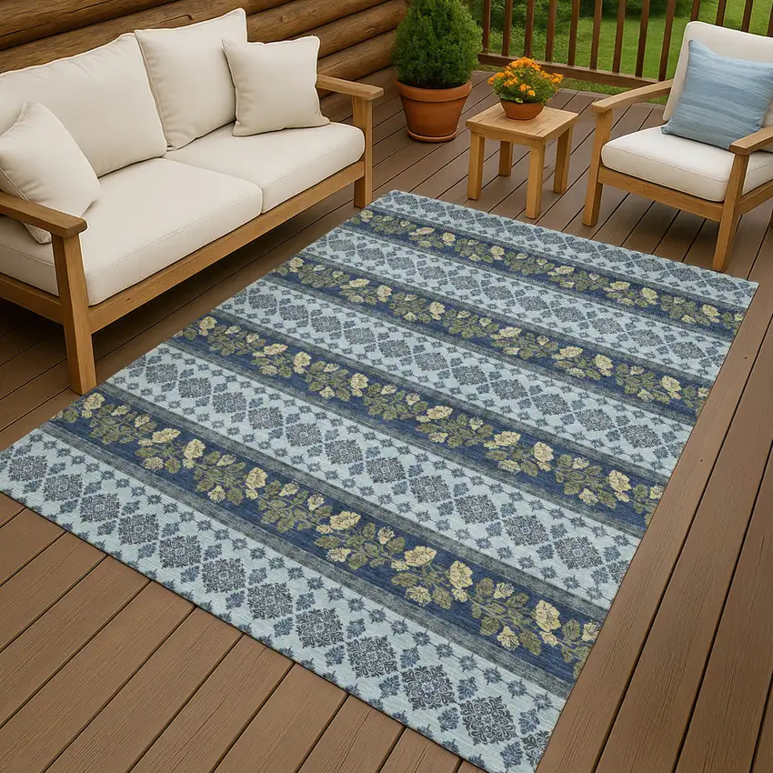 Navy Blue And Sky Blue Striped Washable Indoor Outdoor Area Rug Photo 4