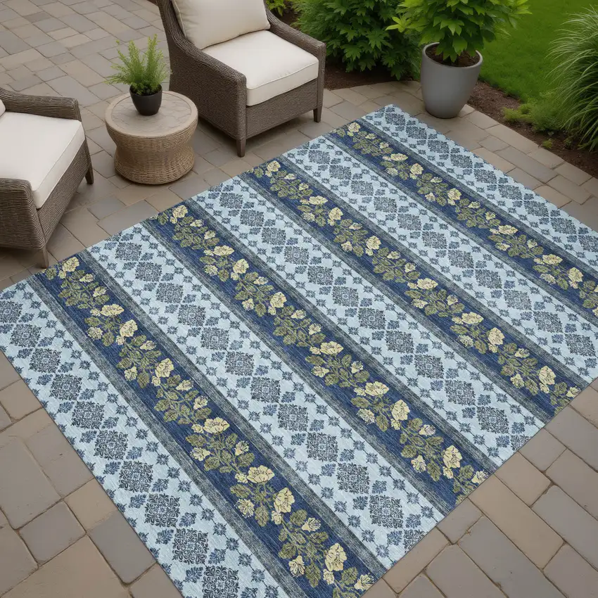 Navy Blue And Sky Blue Striped Washable Indoor Outdoor Area Rug Photo 7