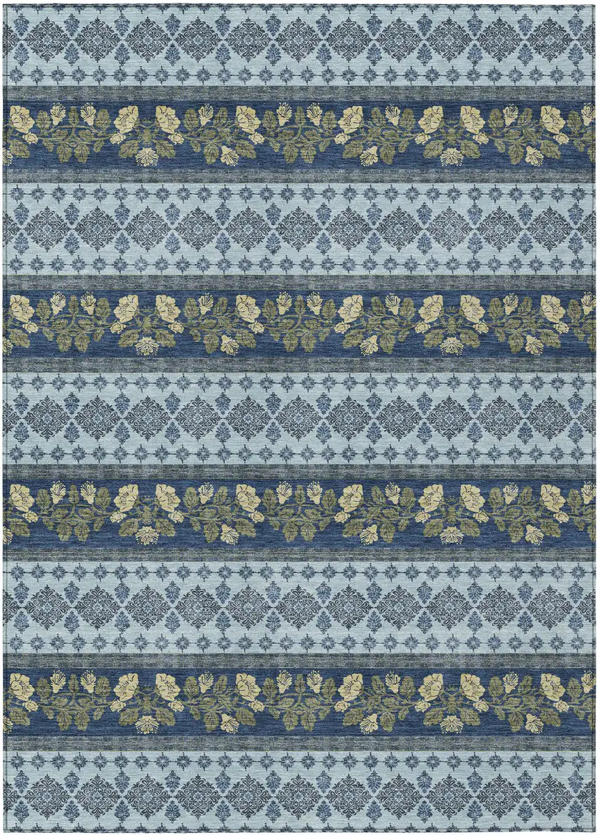 Navy Blue And Sky Blue Striped Washable Indoor Outdoor Area Rug Photo 1