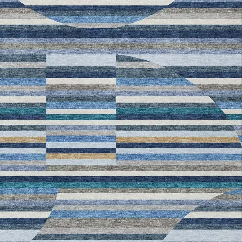 Navy Blue And Sky Blue Striped Washable Indoor Outdoor Area Rug Photo 2