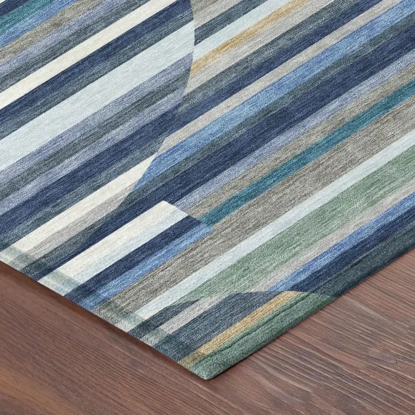 Navy Blue And Sky Blue Striped Washable Indoor Outdoor Area Rug Photo 4