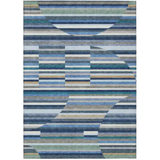 Navy Blue And Sky Blue Striped Washable Indoor Outdoor Area Rug Photo 1