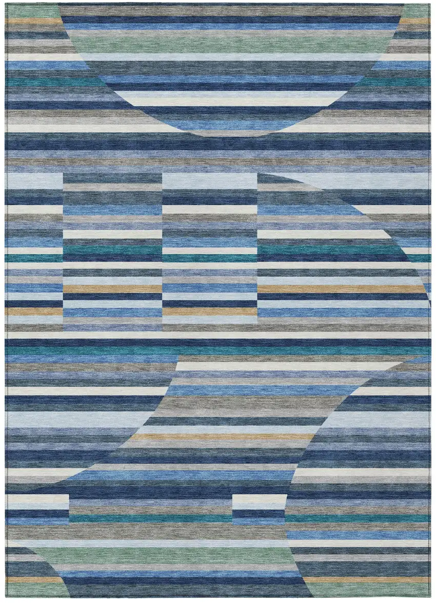 Navy Blue And Sky Blue Striped Washable Indoor Outdoor Area Rug Photo 1