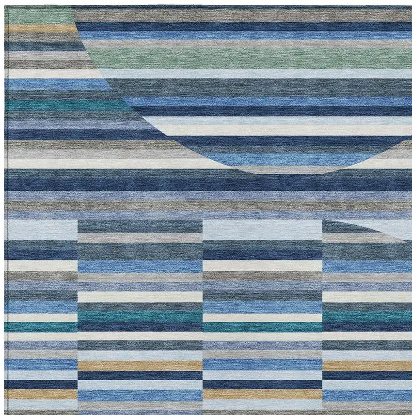 Navy Blue And Sky Blue Striped Washable Indoor Outdoor Area Rug Photo 2