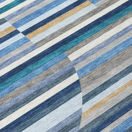 Navy Blue And Sky Blue Striped Washable Indoor Outdoor Area Rug Photo 5