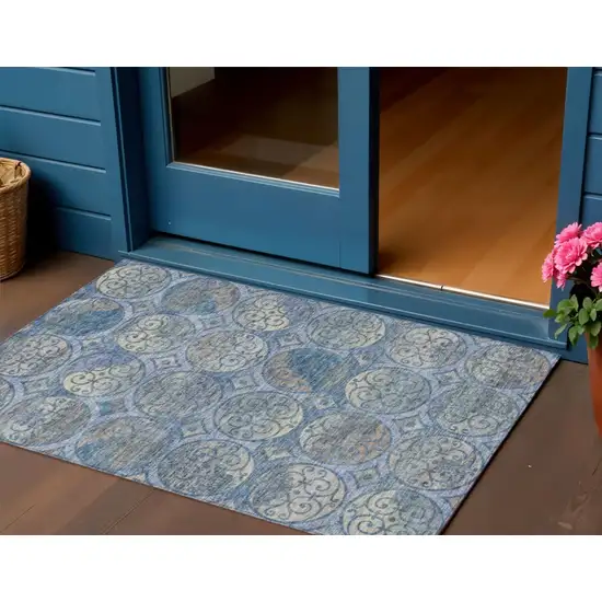 Navy Blue And Sky Blue Trellis Washable Indoor Outdoor Area Rug Photo 1