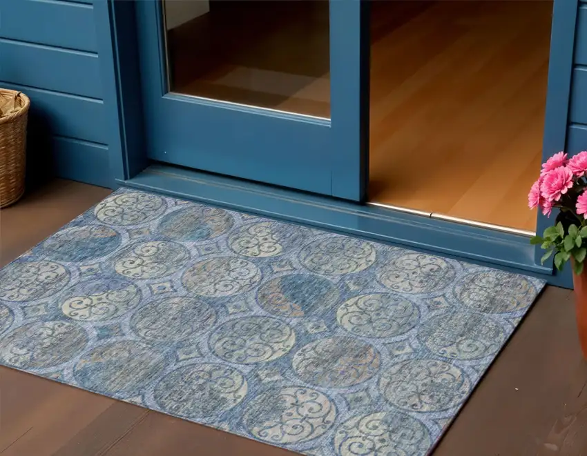 Navy Blue And Sky Blue Trellis Washable Indoor Outdoor Area Rug Photo 1
