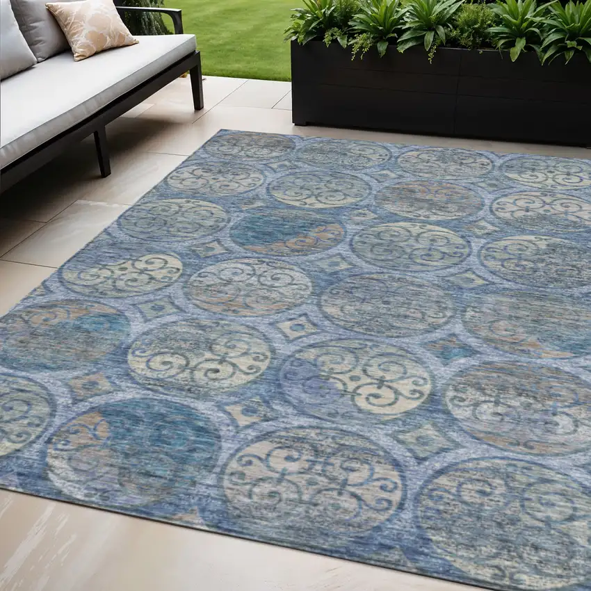Navy Blue And Sky Blue Trellis Washable Indoor Outdoor Area Rug Photo 1