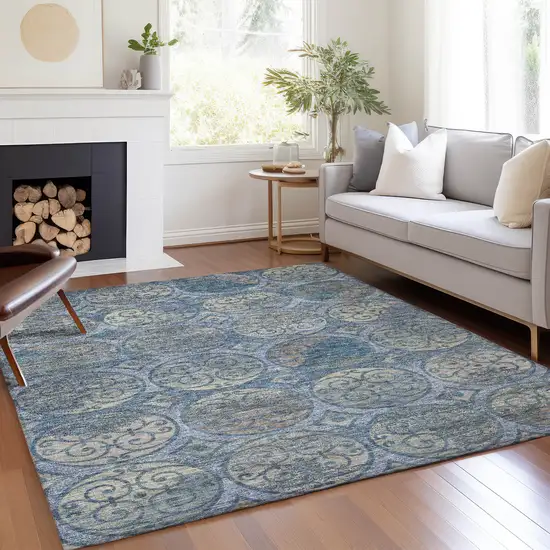 Navy Blue And Sky Blue Trellis Washable Indoor Outdoor Area Rug Photo 7