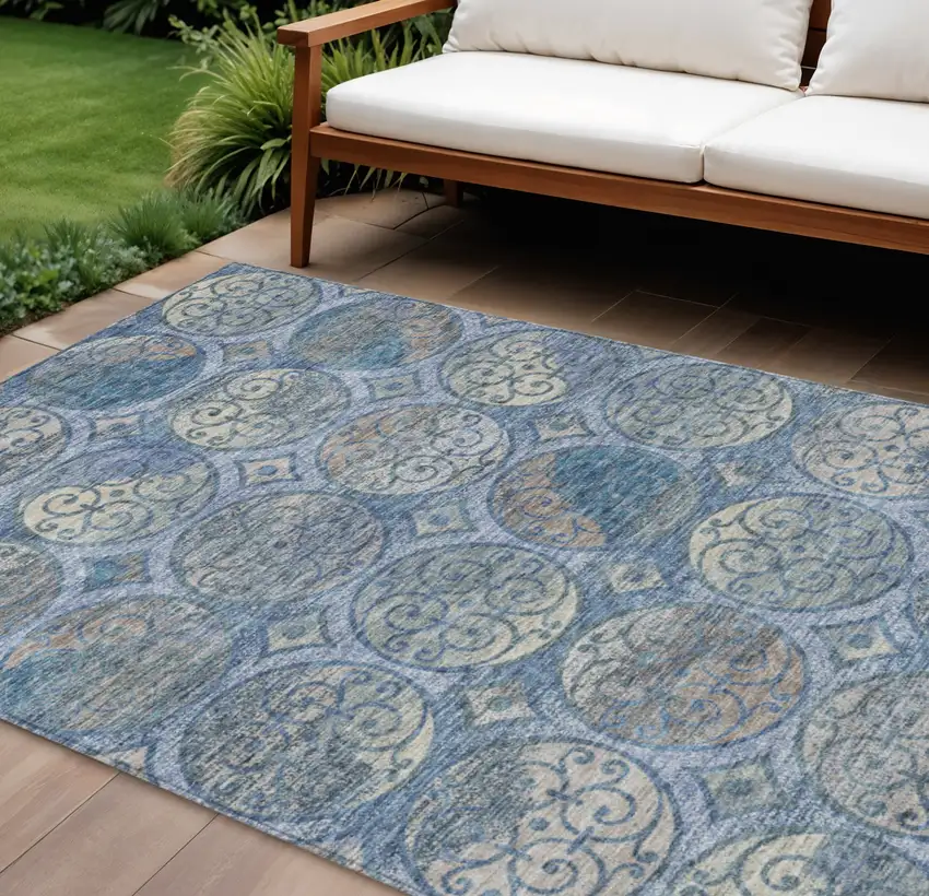Navy Blue And Sky Blue Trellis Washable Indoor Outdoor Area Rug Photo 1
