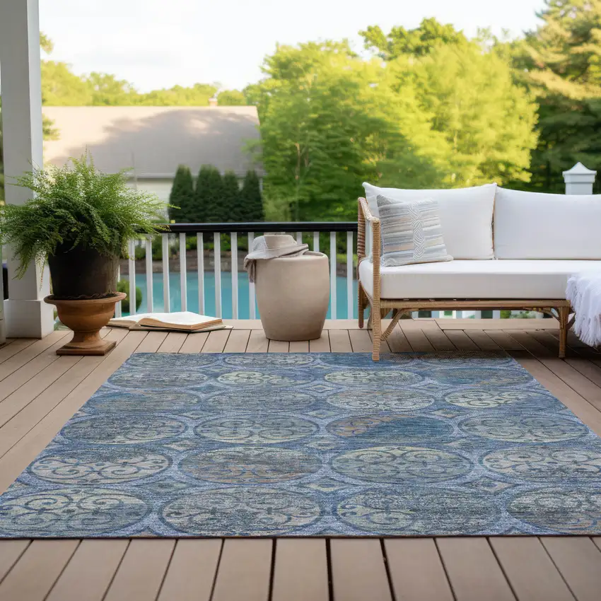 Navy Blue And Sky Blue Trellis Washable Indoor Outdoor Area Rug Photo 9
