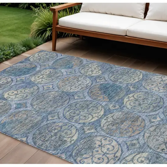 Navy Blue And Sky Blue Trellis Washable Indoor Outdoor Area Rug Photo 1