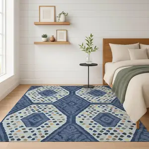 Photo of Navy Blue And Sky Blue Tribal Washable Indoor Outdoor Area Rug