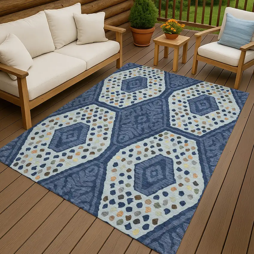 Navy Blue And Sky Blue Tribal Washable Indoor Outdoor Area Rug Photo 3