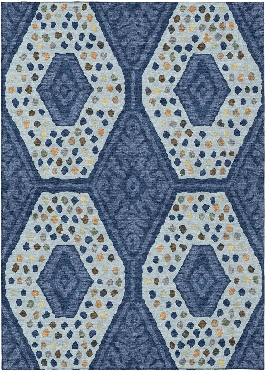 Navy Blue And Sky Blue Tribal Washable Indoor Outdoor Area Rug Photo 7