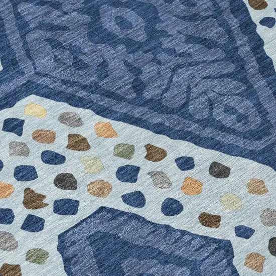 Navy Blue And Sky Blue Tribal Washable Indoor Outdoor Area Rug Photo 1