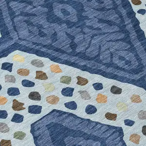 Photo of Navy Blue And Sky Blue Tribal Washable Indoor Outdoor Area Rug