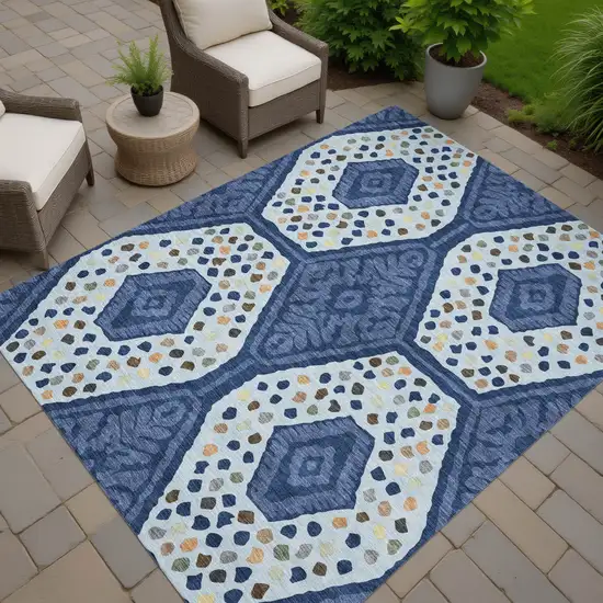 Navy Blue And Sky Blue Tribal Washable Indoor Outdoor Area Rug Photo 6