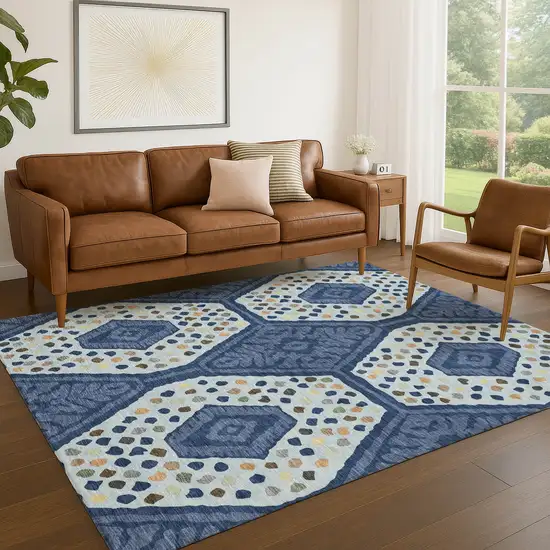 Navy Blue And Sky Blue Tribal Washable Indoor Outdoor Area Rug Photo 4