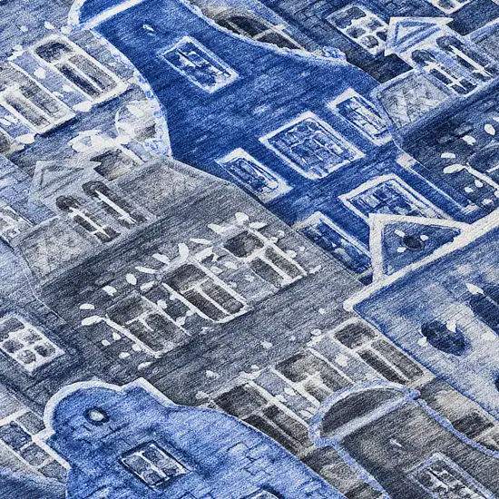 Navy Blue And Sky Blue Village Houses Washable Indoor Outdoor Area Rug Photo 6