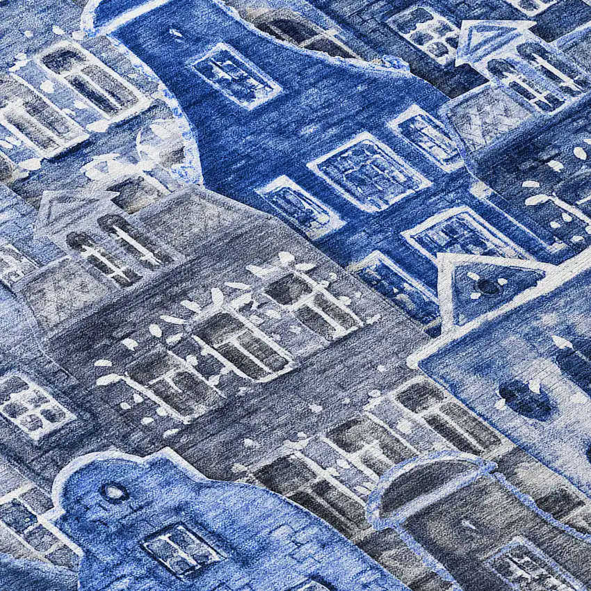 Navy Blue And Sky Blue Village Houses Washable Indoor Outdoor Area Rug Photo 6