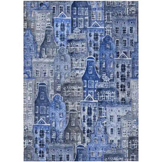 Navy Blue And Sky Blue Village Houses Washable Indoor Outdoor Area Rug Photo 2