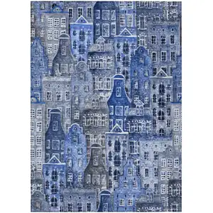 Photo of Navy Blue And Sky Blue Village Houses Washable Indoor Outdoor Area Rug