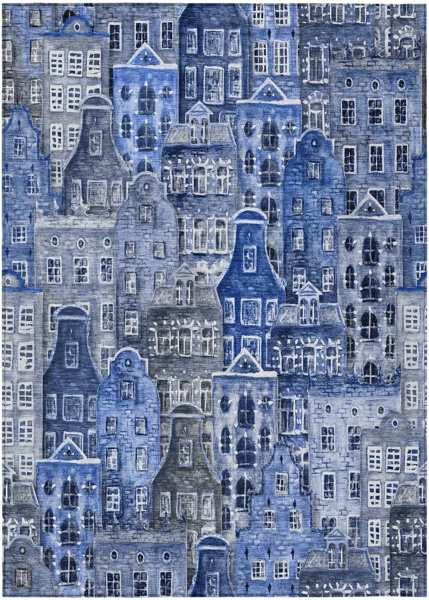 Navy Blue And Sky Blue Village Houses Washable Indoor Outdoor Area Rug Photo 2