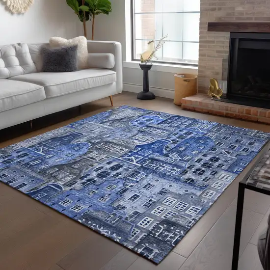 Navy Blue And Sky Blue Village Houses Washable Indoor Outdoor Area Rug Photo 9