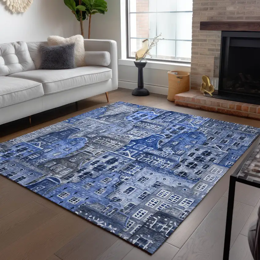 Navy Blue And Sky Blue Village Houses Washable Indoor Outdoor Area Rug Photo 9