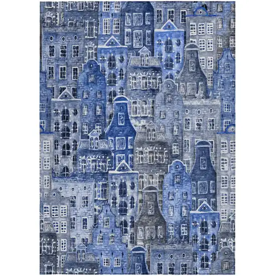 Navy Blue And Sky Blue Village Houses Washable Indoor Outdoor Area Rug Photo 7