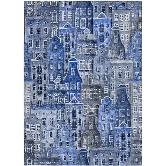 Navy Blue And Sky Blue Village Houses Washable Indoor Outdoor Area Rug Photo 7