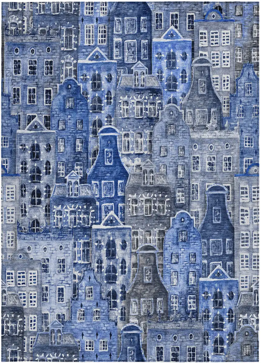 Navy Blue And Sky Blue Village Houses Washable Indoor Outdoor Area Rug Photo 7