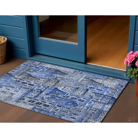 Navy Blue And Sky Blue Village Houses Washable Indoor Outdoor Area Rug Photo 1