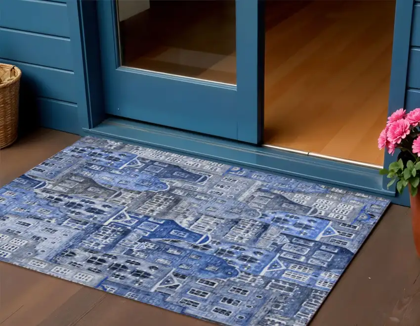 Navy Blue And Sky Blue Village Houses Washable Indoor Outdoor Area Rug Photo 1