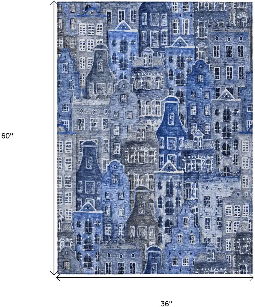 Navy Blue And Sky Blue Village Houses Washable Indoor Outdoor Area Rug Photo 3