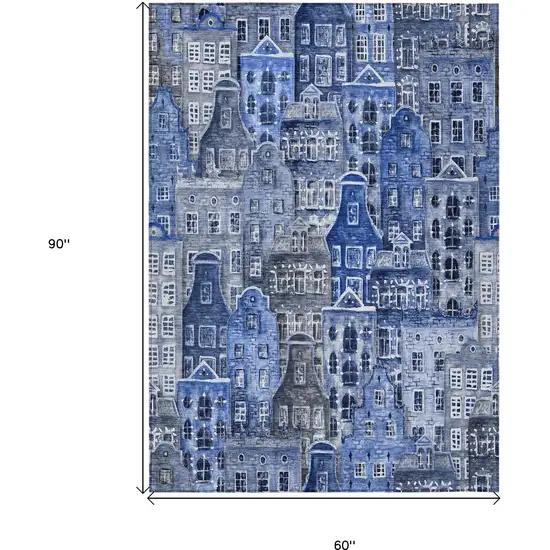 Navy Blue And Sky Blue Village Houses Washable Indoor Outdoor Area Rug Photo 3