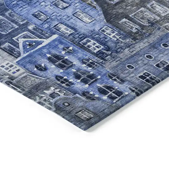 Navy Blue And Sky Blue Village Houses Washable Indoor Outdoor Area Rug Photo 5