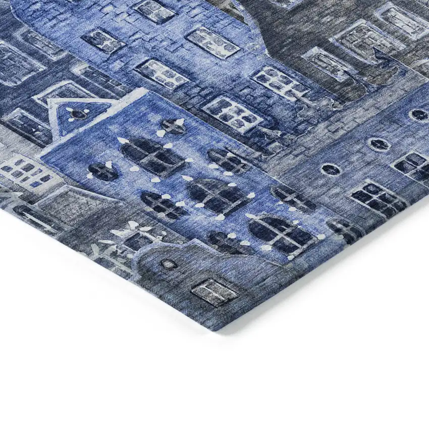 Navy Blue And Sky Blue Village Houses Washable Indoor Outdoor Area Rug Photo 5